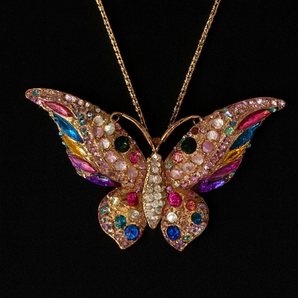 Betsey Johnson Butterfly Pendant Rhinestone Colorful Gold Tone‎ Necklace